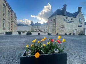 a pot of flowers in front of a building at Belle Normandy in Bayeux