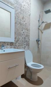 La salle de bains est pourvue de toilettes, d'un lavabo et d'un miroir. dans l'établissement Araucaria, à Essaouira