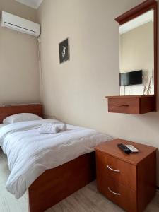 1 dormitorio con 1 cama grande y espejo en Garden Vila en Vrnjačka Banja