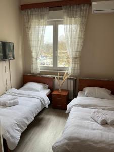 3 Betten in einem Zimmer mit Fenster in der Unterkunft Garden Vila in Vrnjačka Banja