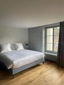 Un dormitorio con una cama grande y una ventana en La Sauvage, en Fribourg