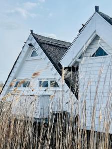 an old white house with windows and tall grass at Seehütte Seehaus am Neusiedler See in Rust
