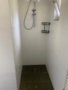 a bathroom with a shower with a tiled floor at Vakantiehuisje drenthe gasselterveld in Gasselte