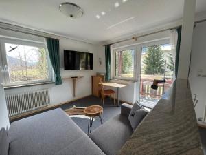 a living room with a couch and a table and windows at Apartments Hohenberger in Mallnitz