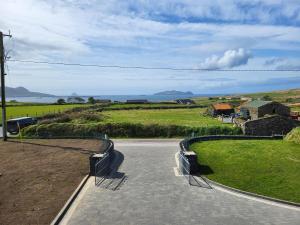 een weg die leidt naar een veld met uitzicht op de oceaan bij Dunquin House Bed and Breakfast in Dunquin