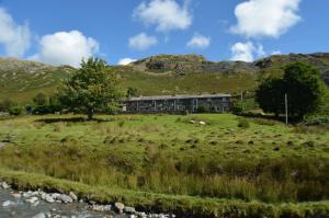 a house in the middle of a field next to a mountain at Fellside Cottage Coppermines Valley in Coniston