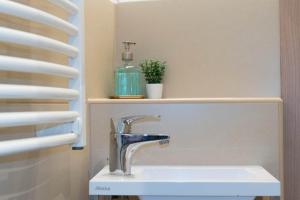 a bathroom with a sink and a soap bottle on a shelf at Citymajor Apartment-Free parking in Budapest