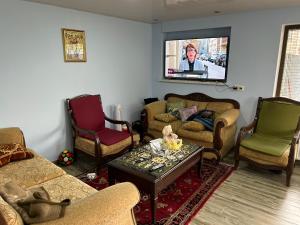 a living room with two couches and a tv at apartament MEDEA in Kutaisi