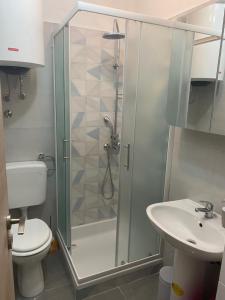 uma casa de banho com um chuveiro, um WC e um lavatório. em Apartment Neno 2 em Senj