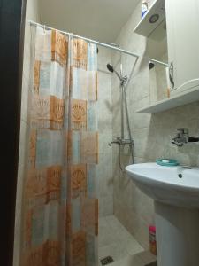 a bathroom with a shower curtain and a sink at Квартира - студія in Konotop