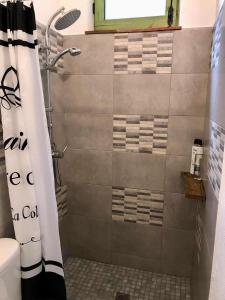 een douche met een douchegordijn in de badkamer bij Amazing 4-Bed Cottage lost in Montseny Nature in Arbúcies