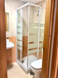 a shower in a bathroom with a toilet and a sink at Piso bonito con vistas Negreira in Negreira