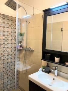ein Bad mit einem Waschbecken und einer Dusche mit einem Spiegel in der Unterkunft Citymajor Apartment-Free parking in Budapest