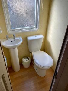 a bathroom with a toilet and a sink and a window at Earls View Caravan in Carna