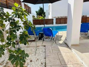 una piscina con 2 sillas azules y una sombrilla en Villa Mulberry Retreat 0,5Km From Everything, en Bahía de Coral