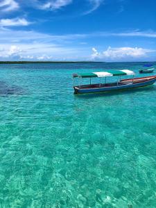 un barco sentado en el agua en el océano en Pousada Fasani, en Isla de Boipeba