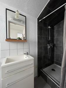 ein Bad mit einem Waschbecken, einer Dusche und einem Spiegel in der Unterkunft Résidence du Soleil in Collioure