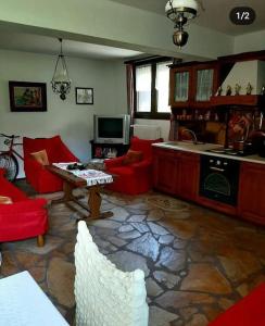 a living room with red couches and a table at Ενοικιαζόμενη Παραδοσιακή κατοικία Σαν Παραμύθι in Volakas