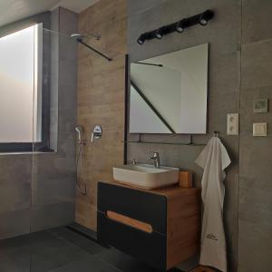 a bathroom with a sink and a mirror at Chata Balance in Žiar +33 photos