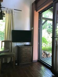 uma sala de estar com uma televisão e uma porta de vidro deslizante em Cottage house-Augustow Primeval Forest, near lake em Płaska