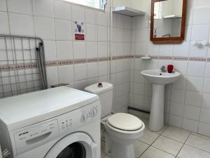 a bathroom with a washing machine and a sink at Appartement T2 calme, paisible et climatisé à Trois-Rivières in Trois-Rivières