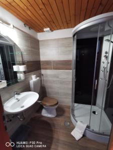 y baño con aseo, lavabo y ducha. en Tourist farm Anž'k, en Bled