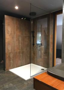 een badkamer met een douche en een glazen deur bij Maison moderne avec sauna et bain nordique in Warneton