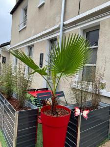 a plant in a red pot in front of a house at Le gite des 3 mousquetaires in Amboise