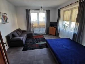 uma sala de estar com uma cama azul e um sofá em Wygodne mieszkanie, świetna baza wypadowa em Augustów