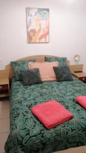 a bed with a green blanket and pillows on it at Chalet T3 Nature Piscine Tennis in Ondres +19 photos