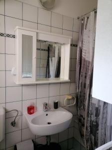 a bathroom with a sink and a mirror at Apartmajsko naselje Žusterna in Koper