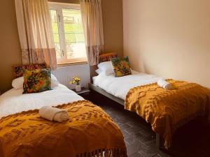 two beds in a room with a window at Healing Pastures Farm in Llanbrynmair