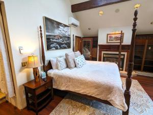 a bedroom with a bed and a fireplace at Cityside Big Mountain Lodge in Whitefish