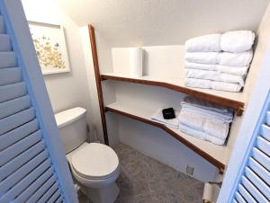 a bathroom with a toilet and towels on a shelf at Cityside Big Mountain Lodge in Whitefish