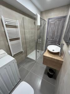 ein Bad mit einer Dusche, einem WC und einem Waschbecken in der Unterkunft Casa Ferma in Teruel