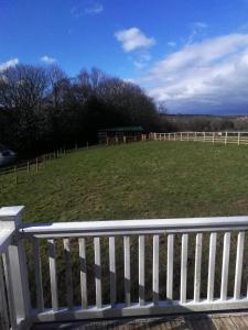 a white fence in a field with a green field at Durham Donkey Rescue Showman's Wagon in Durham