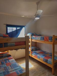 a room with three bunk beds and a window at Cabañas Oliver in Sánchez de Loria