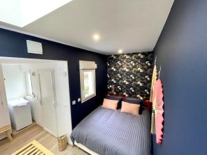um quarto com uma parede azul e uma cama em Soleil Levant : calme et terrasse, proche gare em Amiens