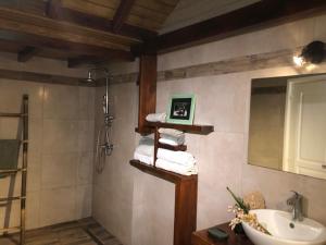 a bathroom with a sink and a mirror at Bungalow Le Jasmin de Nuit in Les Abymes