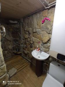 baño con pared de piedra y lavamanos en Велика Дзен Хата en Dzembronia