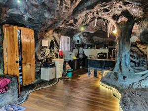 a kitchen with a tree inside of a cave at Rai’s Coorg Cave House in Madikeri