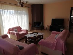 a living room with two couches and a tv at Rural 3-bedroom house Kalamata in Kalamata