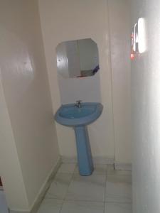 a blue sink in a bathroom with a mirror at Rovers Apartment in Nanyuki