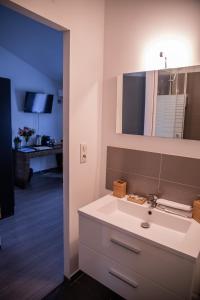 uma casa de banho com um lavatório e um espelho em Auberge Sainte Marguerite em La Garde