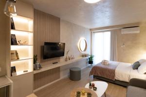 Apo-Zachari elegant apartment في لاريسا: غرفة بسرير وتلفزيون وأريكة