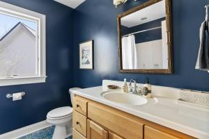 ein blaues Bad mit einem Waschbecken und einem WC in der Unterkunft Relaxing Hideaway - Spacious Home in Spring Hill