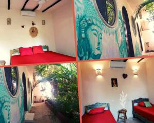 un collage de cuatro fotos de una habitación con cama en Hostal Mulut Tulum, en Tulum