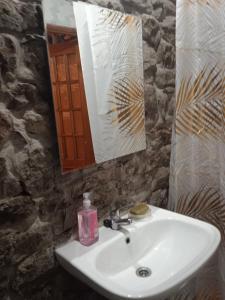 un lavandino in bagno con una bottiglia di sapone di Loma Bonita a Valdició