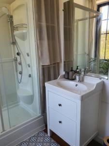 a white bathroom with a sink and a shower at Les bords de Rance in Dinan