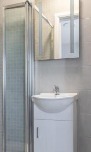 ein Bad mit einem Waschbecken und einer Dusche mit einem Spiegel in der Unterkunft The Doneraile Room 2 in Waterford